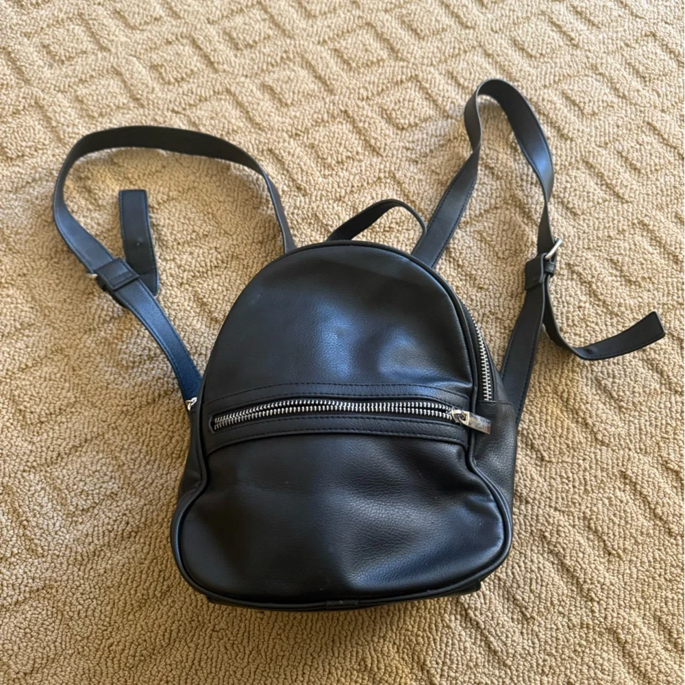 Mini Black Backpack, Faux Leather with Silver Hardware
